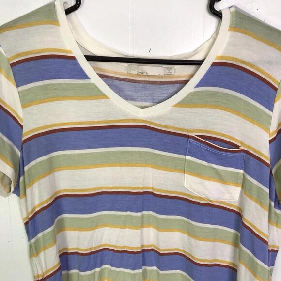 Prana Top Womens Large Colorful Striped Foundation Short Sleeve V Neck Tencel - Picture 3 of 8